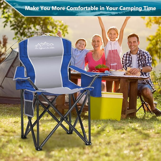 Folding Camping Chair Heavy Duty Portable Lawn Chairs with Cooler Bag Side Pocket &amp Cup Holder Folding Chairs for Outside Support 450lbs Blue