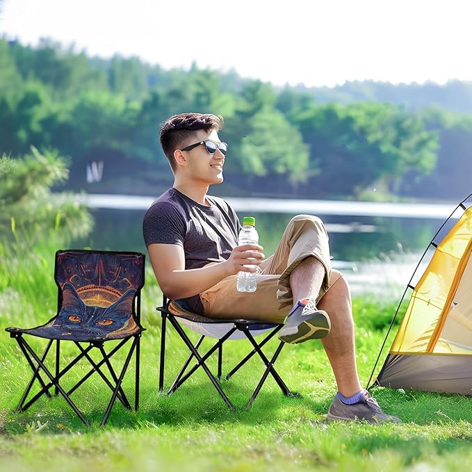 Cat with Yellow Eyes Boho Style Collapsible Foldable Chair Ultralight Portable Chairs for Adults Includes Carry Bag Hiking Chair for Fishing Fishing