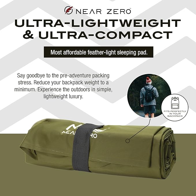 NEAR ZERO Ultralight Inflatable Sleeping Pad – Compact 14.5 oz Air Pad 2 Thick Quick Inflate with 11 Breaths Durable Rip-Resistant Nylon – Ideal for Backpacking &amp Warm Weather Green