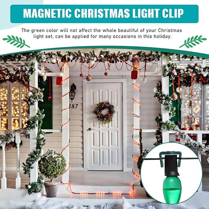 Frienda 50 Pieces C9 Magnetic Christmas Light Clips Magnet Christmas Socket Clips Hooks for Sockets Roof Gutters Outside Patio Holiday Lighting (Green Round)
