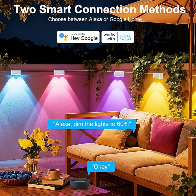 Outdoor Deck Lights 8 Lights Smart Fence Lights Compatible with Alexa &amp Google Home IP65 LED Patio Deck Lighting with Remote Fence Lighting Music Sync for Patio Yard Garden(52.4ft)