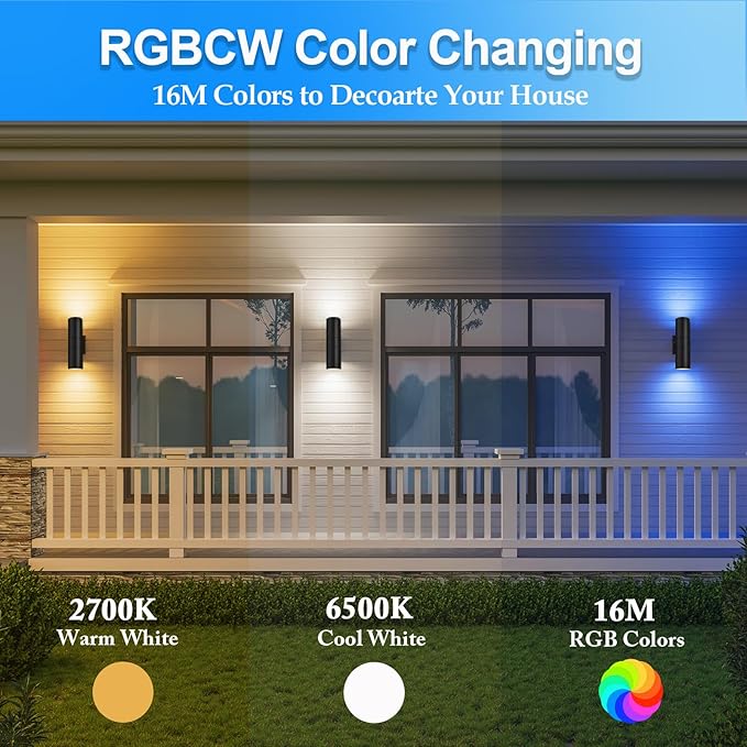 wowlite RGB Up Down Outdoor Wall Lights 2 Pack 1200LM Smart Cylinder Outdoor Lights for House Color Changing Exterior Lighting Fixtures APP Control Works with Alexa IP65 Waterproof Porch Light