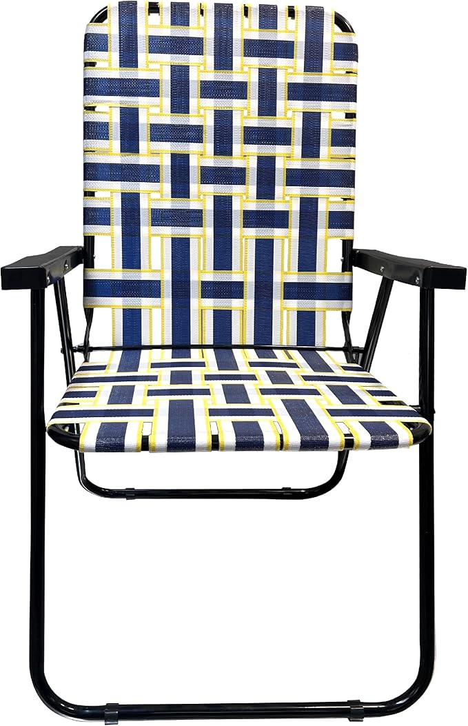 Lawn Chair Folding Steel Webbing Chaise Patio Lounger Seat Wood Handles Great for Camping Beach Fishing Backyard Stadium Pool Boating and Sports 2 Pack Blue/Yellow