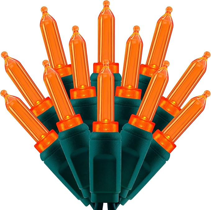 100 Orange One-Piece LED Christmas Lights 33 ft Green Cord High Waterproof UL Certified T5 Outdoor String Lights (Orange)