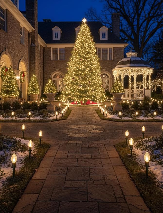 C9 Christmas Lights Outdoor 38Ft Christmas Pathway Lights with 27 LED Bulbs and 25 Marker Stakes Connectable Outdoor Decorations Yard Walkway Sidewalk Holiday Warm White