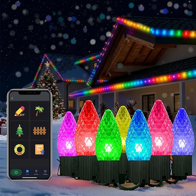 Probro Smart C9 LED Christmas Lights Outdoor 134FT 150 LEDs App Control 105+ Lighting Modes Music Sync Dimmable IP65 Waterproof Connectable String Lights for Yard Patio Roofline Decor
