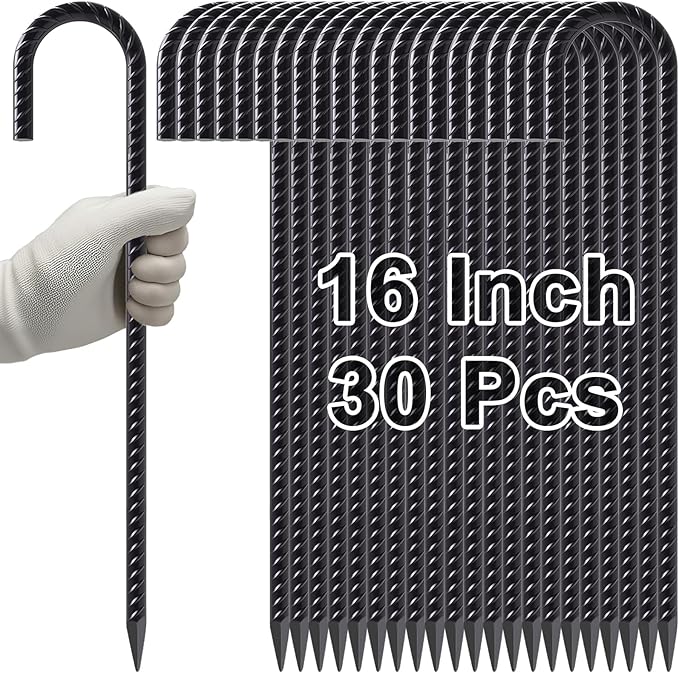 VVOKGO Rebar Stakes 16 Inches J Hook Heavy Duty Chain Link Fence Stakes 30 Pcs Metal Long Tent Spikes Ground Anchors for Wire Fencing Dogs Digging Camping Tents Swings Greenhouse Black
