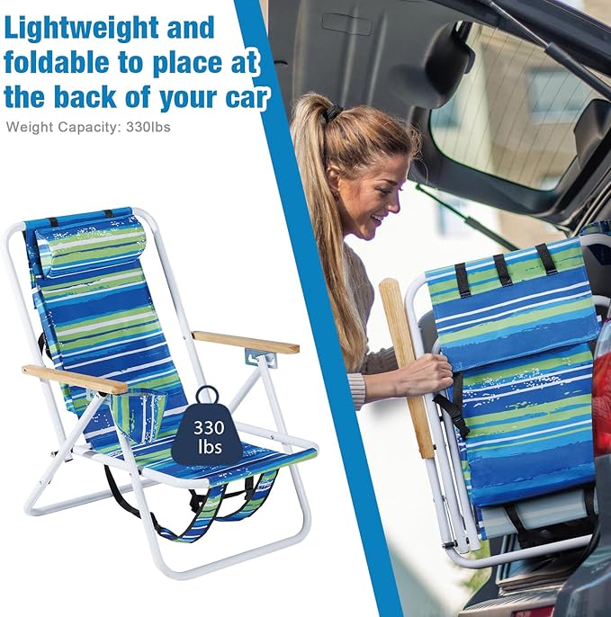 Folding Beach Chair Set of 2 for Adults 4 Position Portable Backpack Foldable Camping Chair with Headrest Cup Holder and Wooden Armrests Blue &amp Green Stripes