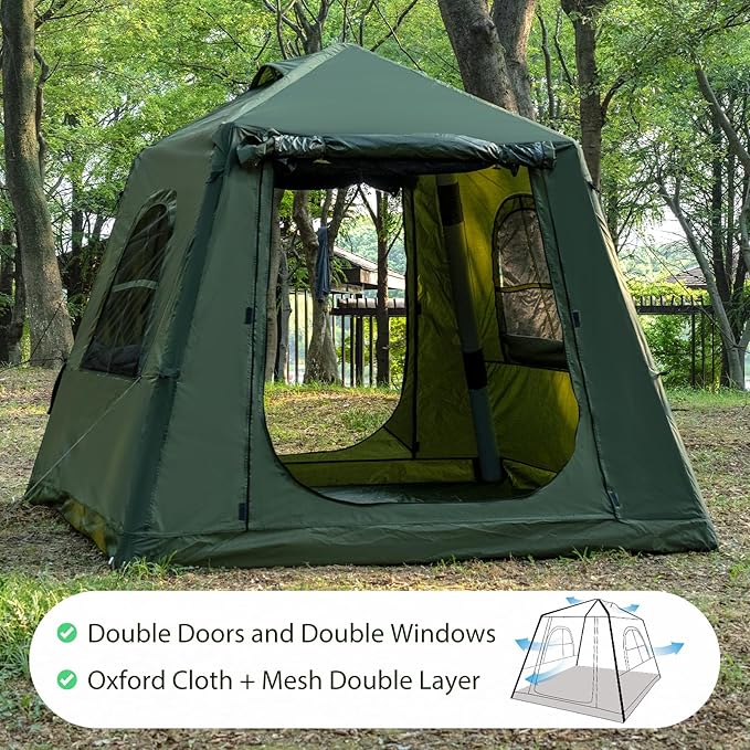 Inflatable Camping Tent with Hand Pump Waterproof Outdoor Blow up Tent 2-8 Person Oxford 4 Season Glamping Air Tent Cabin House with Mesh Windows &amp Door