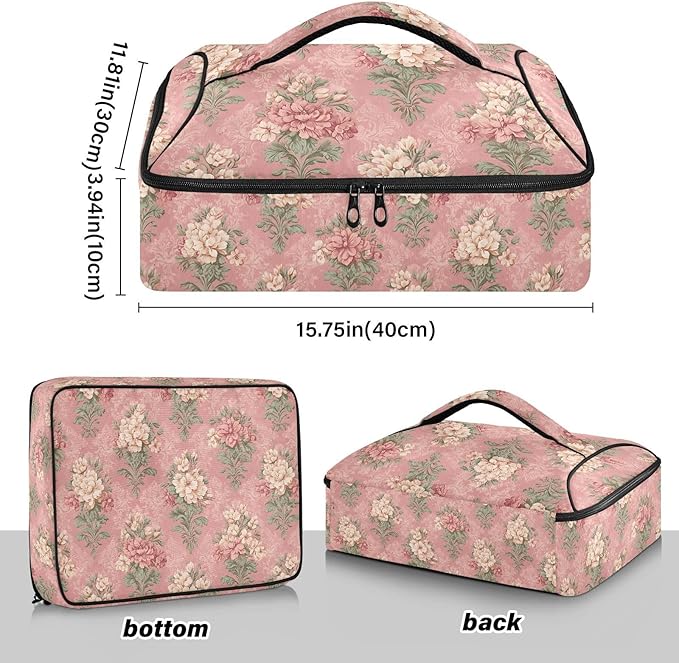 Casserole Carrier Pinkish Vintage Floral PatternInsulated Casserole Carrier for Hot or Cold Food Thermal Lunch Tote for Potluck Parties Picnic Beach Fits 9 x 13 Inches Baking Dish