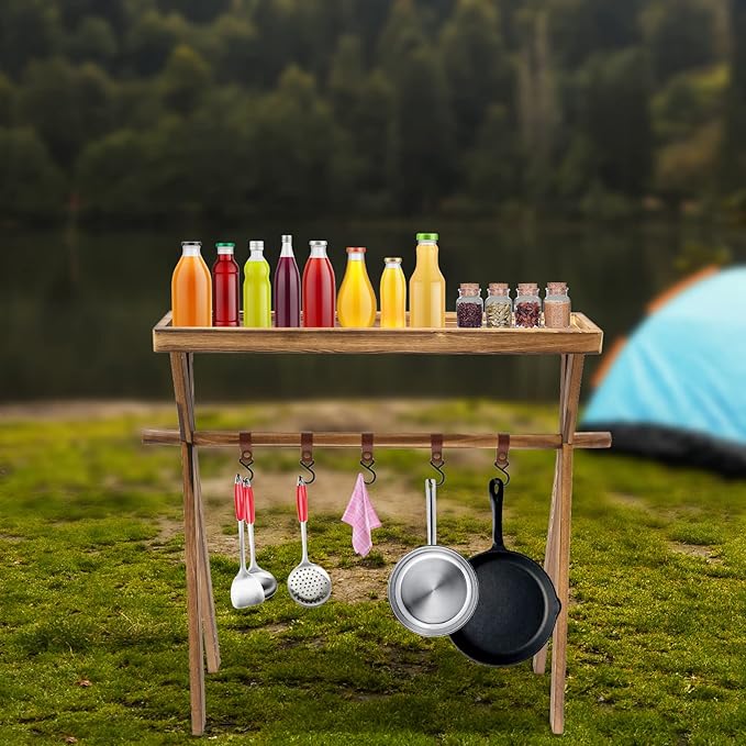 Wooden Portable Picnic Rack Retro Picnic Condiment&ampCookware Storage Rack Lightweight Outdoor Storage Shelf w/Hook for Camping Picnic BBQ Home Storage