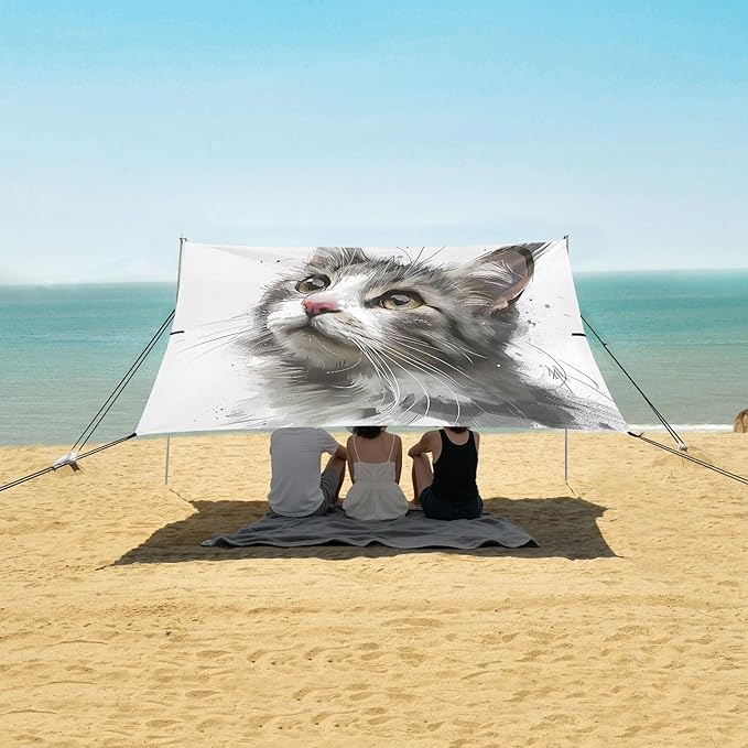 Cat Drawing Beach Tent Sun Shelter 9.2' x 10.5' Beach Canopy with 4 Sandbags 4 Stability Poles Sand Shovels - Tent Canopy for Beach Camping Fishing Picnics