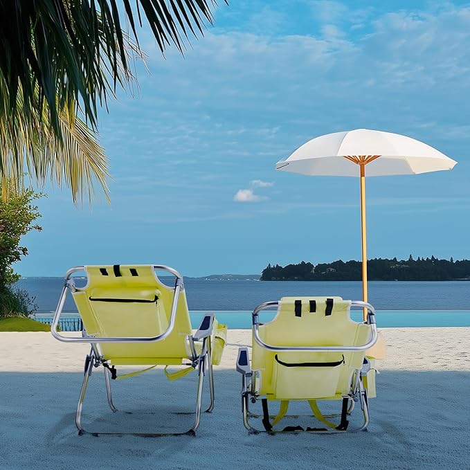 Backpack Beach Chairs Low 5 Position Beach Chair with Pouch Straps Folding Lightweight Reclining Aluminum Lay Flat Single (Yellow Low)