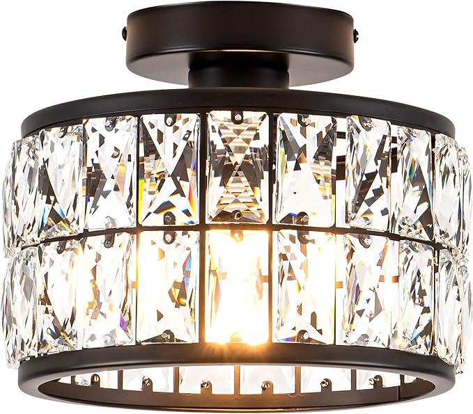 Crystal Ceiling Light Fixture Modern Semi Flush Mount Ceiling LightCrystal Chandelier for Kitchen Bedroom Bathroom Entryway Black Finish