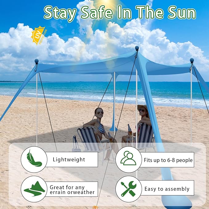 Beach Tent Beach Canopy UPF50+ with Sandbags Sand Shovels Ground Pegs &amp Stability Poles Outdoor Shade Camping Sun Shelter for Camping Trips Fishing Backyard Fun or Picnics