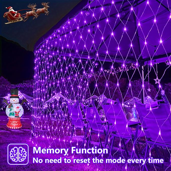 QITONG Purple Net Lights Outdoor Mesh Lights 360 LED 12ft x 5ft Christmas Net Light with 8 Modes Clear Wire Bush Light Plug in