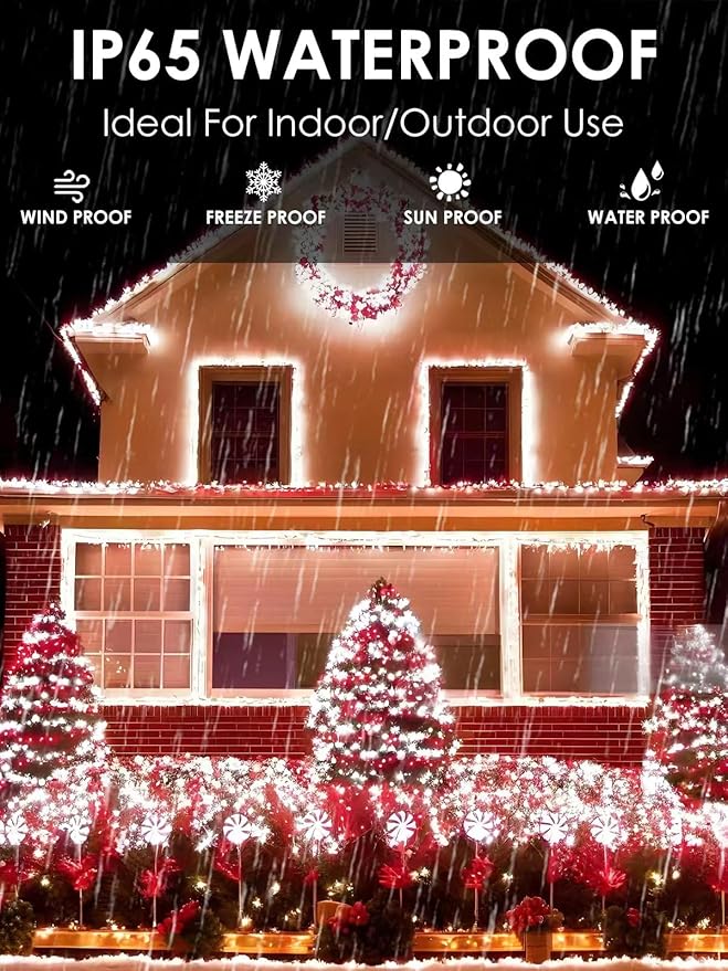 4-pack Red and White Solar Christmas Lights Outdoor Waterproof 400LED 132FT Solar Powered LED String Lights Green Wire with 8 Modes Solar Fairy Lights for Xmas Tree Party Wedding Garden Fence Decor