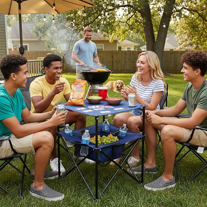 Portable Folding Camping Table with Cup Holders – Lightweight &amp Compact 2-Tier Outdoor Table with Storage Ideal for Card Games Snacks Picnic Tailgating &amp Camping (Navy Blue)