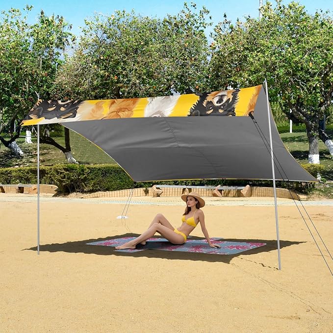 Little Dogs on Yellow Beach Tent Sun Shelter 9.2' x 10.5' Beach Canopy with 4 Sandbags 4 Stability Poles Sand Shovels - Tent Canopy for Beach Camping Fishing Picnics