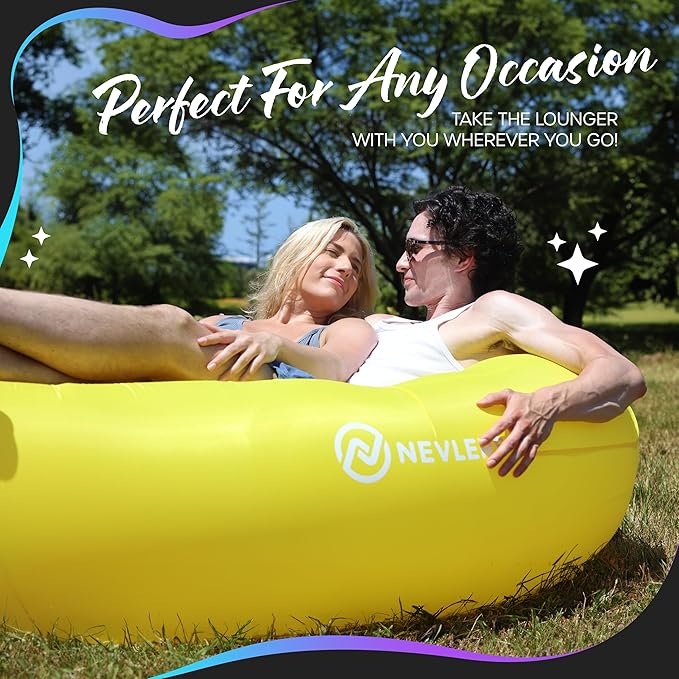 Nevlers Yellow Inflatable Lounger | 210T Polyester Air Couch | No-Pump Blow Up Chair | Inflatable Chair w/ 450lbs. Cap. Pockets &amp Matching Bag | for Use as Outdoor Inflatable Couch for Adults &am