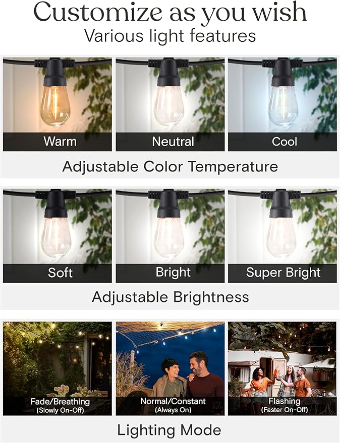 Brightech 48 (42+6) FT Ambience Pro Outdoor Solar String Lights - Bright Remote Control Color Adjustable Solar Light - Commercial Grade 15 Waterproof LED Bulbs for Patios Camping Yard Outside