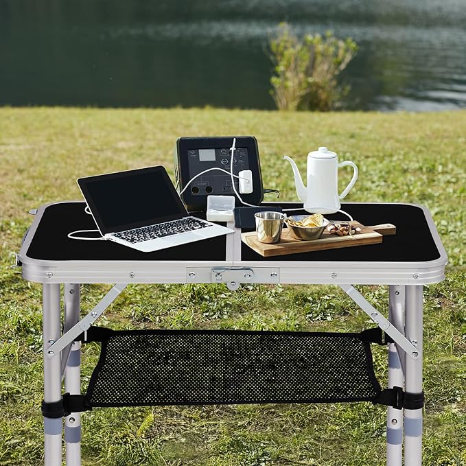 Portable Aluminum Folding Camping Table3-Height Adjustable Lightweight Outdoor Table with Mesh Storage Carry Handle for Picnic BBQ Beach Hiking (Black 2ft)