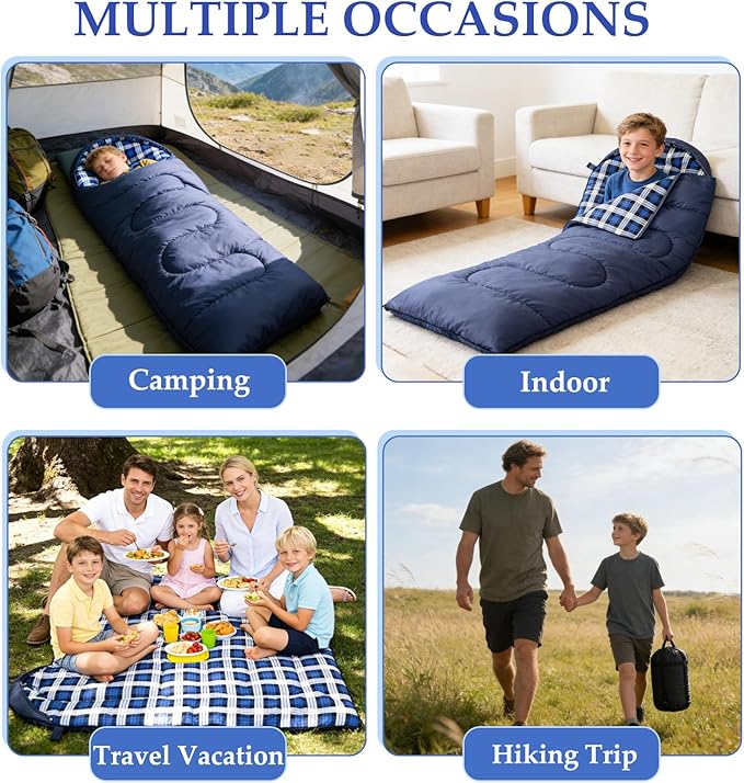 Uniqwamer Kids Sleeping Bag for Girls Boys - 4 Seasons Cold &amp Warm Weather Flannel Camping Sleeping Bags Lightweight &amp Waterproof 45°F Sleeping Bag for Camping Hiking Outdoor Travel