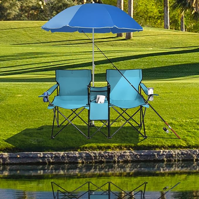 Goplus Double Camping Chair with Umbrella Folding Loveseat Chairs w/Canopy Shade Carrying Bag Table Cup Holder Portable Beach Chairs Outdoor Picnic Patio (Turquoise)