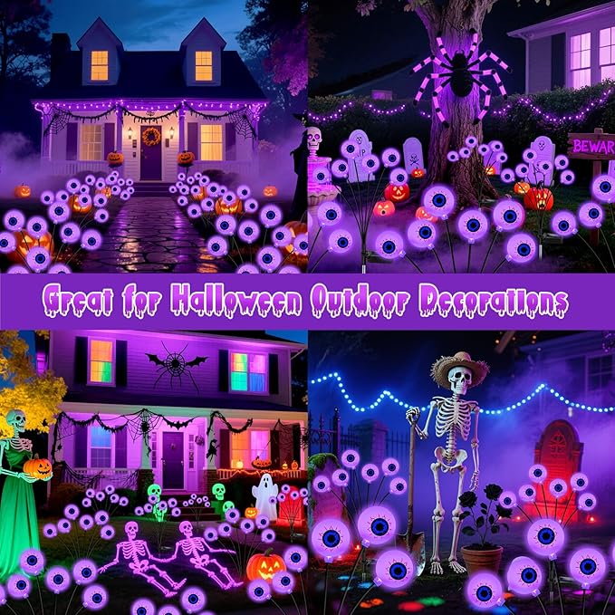 Purple Halloween Decorations Outdoor 8 Pack 48 LED Solar Scary Eyeball Swaying Lights Purple Solar Firefly Light Waterproof Outdoor Garden Lights for Halloween Yard Garden Lawn Party Flower Bed