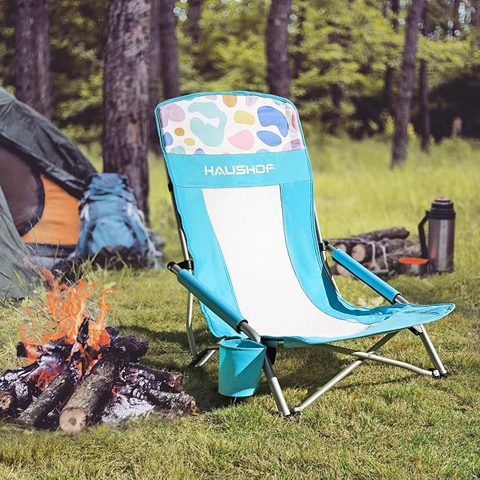 HAUSHOF High Back Beach Chair Mesh Back Folding Chair Lightweight Low Seat Camping Chairs with Cup Holder Carry Bag Padded Armrest for Outdoor Beach Lawn Camping Picnic Festival