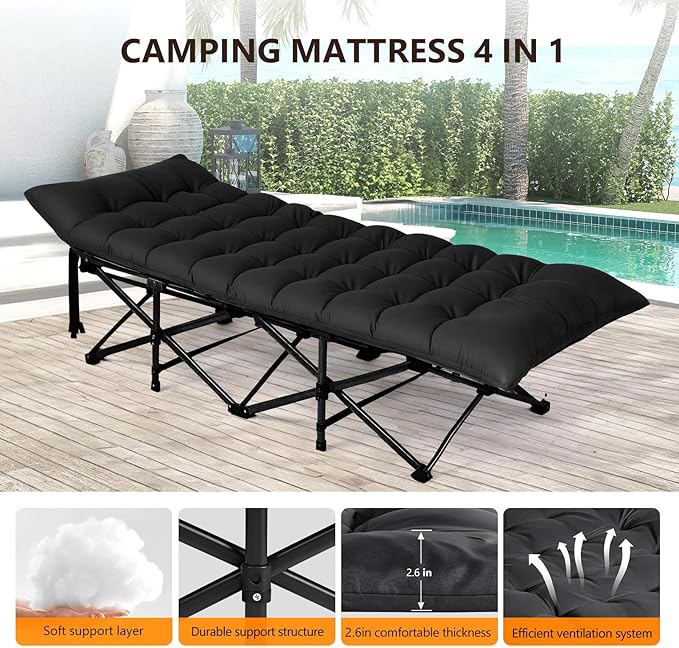 VINGLI Folding Camping Cot BedCamping Cots for Adults with Mattress Cots for Sleeping with Pillow 1200D Layer Oxford for for Guest-Black 1P