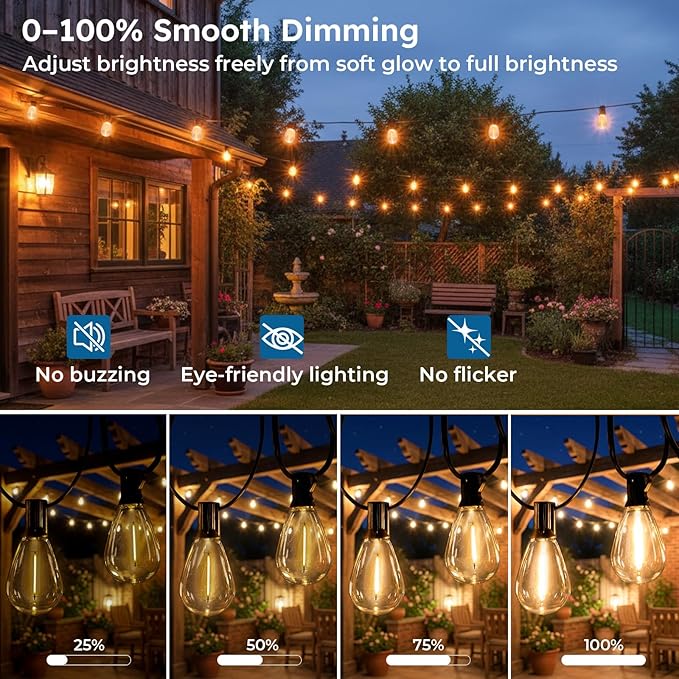 25FT Outdoor String Light with S11 Plastic Bulbs Low-Voltage LED Patio Lights with App &amp Remote Music Sync 4 Lighting Modes Dimmable &amp Waterproof for Backyard Porch Garden Deck Party