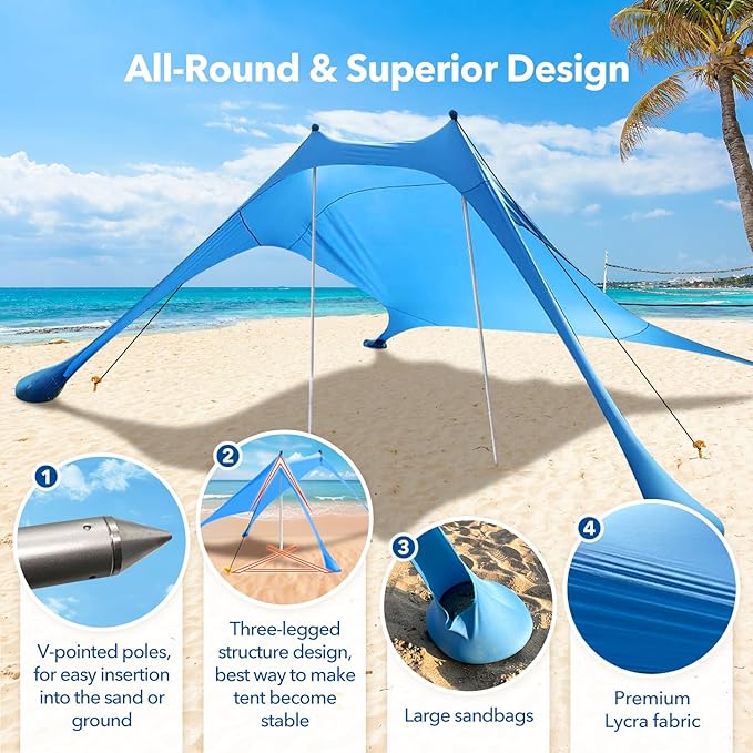 Beach Shade Canopy with Beach Blanket Phone Case Sun Shelter Umbrella UPF50+ Protection Portable 7.5X7.5Ft Camping Tents for Beach Outdoor Camping Backyard Picnics Easy to Set Up for Outdoor Camping