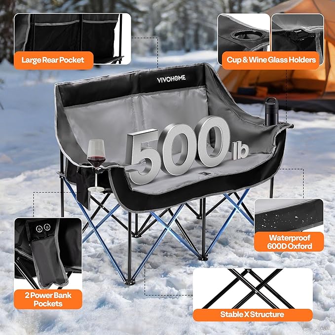 VIVOHOME 45W Padded Heating Double Camping Chair with 2 x 27000mAh Power Bank Heated Oversized Portable Loveseat for Outdoor Sports 3 Levels of Heat Overheat Protection System Black and Gray
