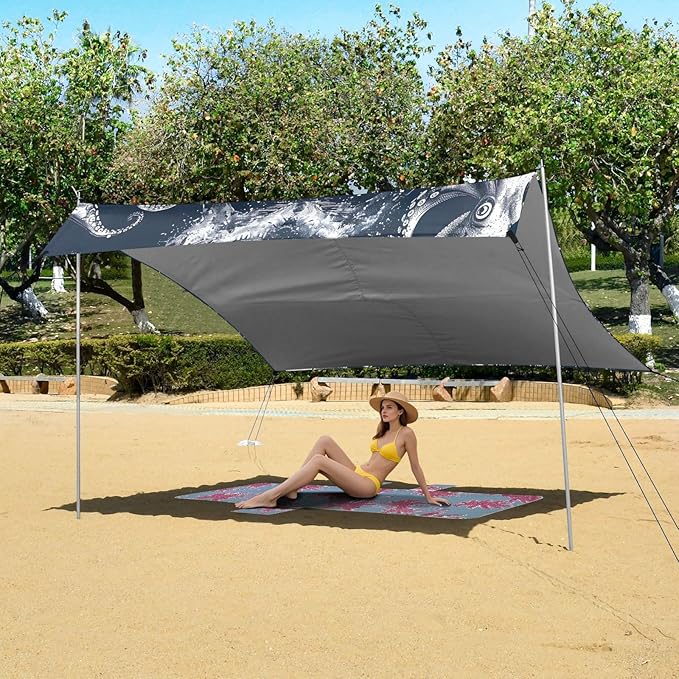 Vintage Nautical Theme Beach Tent Sun Shelter 9.2' x 10.5' Beach Canopy with 4 Sandbags 4 Stability Poles Sand Shovels - Tent Canopy for Beach Camping Fishing Picnics