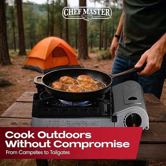 Chef Master 15000 BTU Butane Portable Camp Stove | Double Wind-Guard Portable Stove Burner w/Piezo Click Ignition for Emergencies Tailgating Hiking Backpacking &amp Camping Essentials - 90019