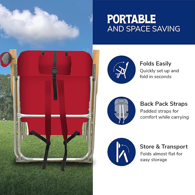 Cabana Beach Folding Beach Chair 4 Position Portable Backpack Foldable Camping Accessories with Headrest Cup Holder and Wooden Armrests Tango Red