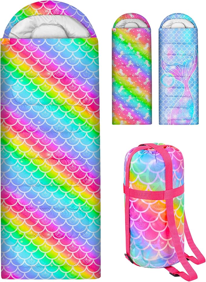 Sleeping Bags for Kids 3 Season Waterproof Sleeping Bag with Carry Bag for Camping Hiking Rainbow Unicorn