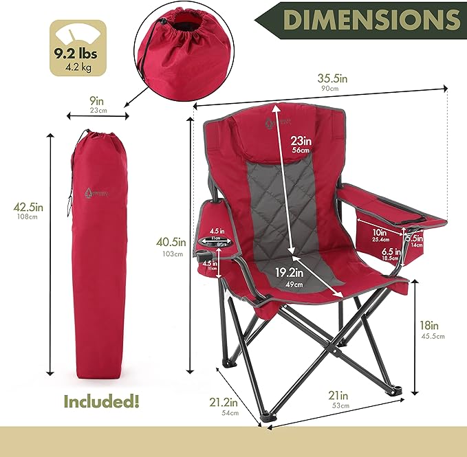 ARROWHEAD OUTDOOR 2-Pack Portable Folding Camping Quad Chair w/ 6-Can Cooler Cup &amp Wine Glass Holders Heavy-Duty Carrying Bag Padded Armrests Headrest &amp Seat Supports up to 550lbs