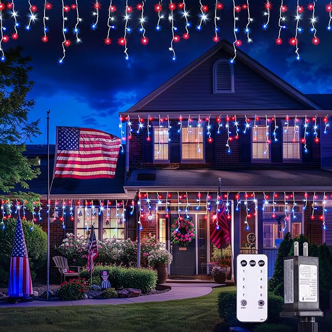 JMEXSUSS Icicle Lights for 4th of July Decor 400 LED Red White and Blue Icicle Lights for Outside 38.8 Ft Independence Day Icicle String Light Indoor Outdoor Holiday American Flag Decor