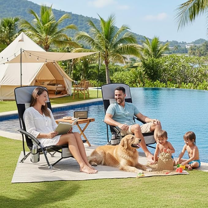 SUNNYFEEL Folding Beach Chair High Back Beach Chairs for Adults Lightweight Portable Camp Chair 300lbs Heavy Duty with Carry Bag Mesh Back Cup Holder for Outdoor Travel Picnic Concert Black