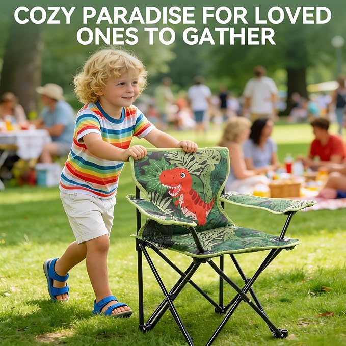 Padded Kids Camping Chair Folding Toddler Chair with Cup Holder &amp Safety Lock Portable Kids Beach Chair Ages 3-6 for Outdoor Camping Foldable Kids Chair Support 120lbsGreen Dinosaur