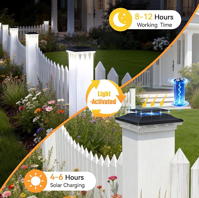 4x4 Solar Post Cap Lights Outdoor Black Deck Post Light Solar Powered for 3.5x3.5 Vinyl/Wooden Post Waterproof 3 Modes(Warm/Cool Light) Solar Fence Light for Garden Patio Porch 6pack
