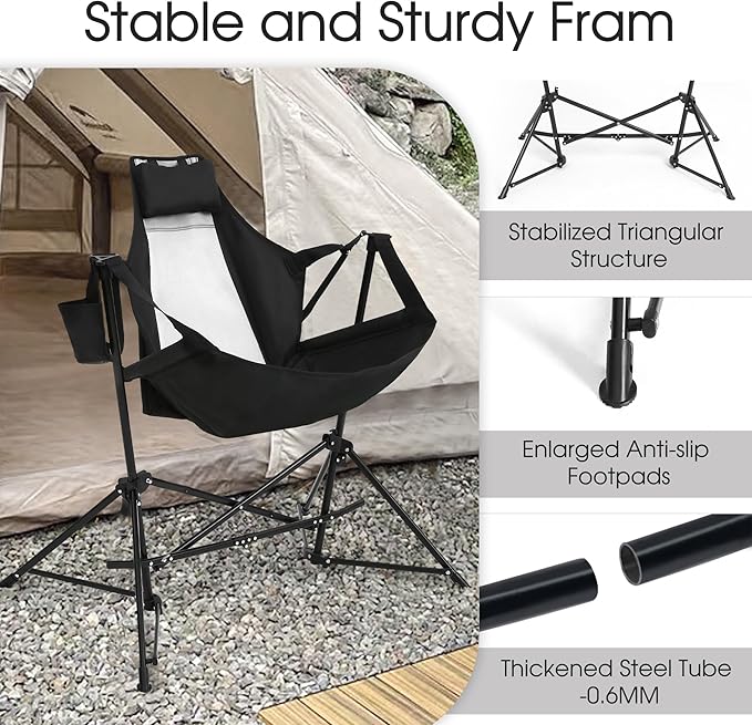 HOMEFUN Hammock Camping Chair - Portable Swinging Chairs for Adults with Stand and Storage Bag Oversized Folding Rocking for Lawn Camp Fishing Hiking Black