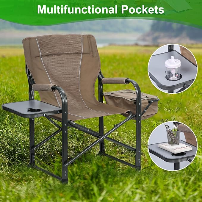 YOXIER Portable Camping Chairs Fishing Chair Camping Directors Chair Supports Up to 350lbsor Adults Leg Adjustable with Cooler Bag and Storage Bag for Ice Fishing Camp Lawn Patio Garden.Brown