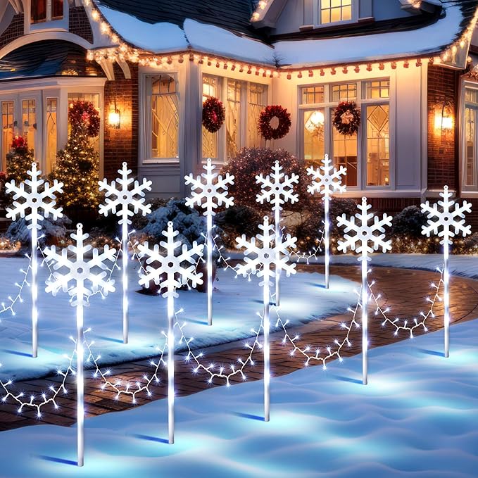 10 Pcs Christmas Snowflake Pathway Stake Lights for Outdoor Yard 370 Bright LEDs Waterproof Large Christmas Snowflake Light Decoration for Garden Lawn Driveway Walkway Decor(Cool White)