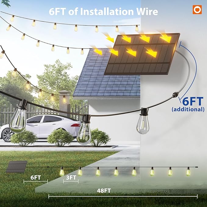 addlon 54FT(48FT+6) Solar String Lights Outdoor Waterproof with USB Port &amp Remote Control Solar Patio Lights for Outside Solar Powered with 16 LED Dimmable Bulbs for Porch Garden Deck Halloween