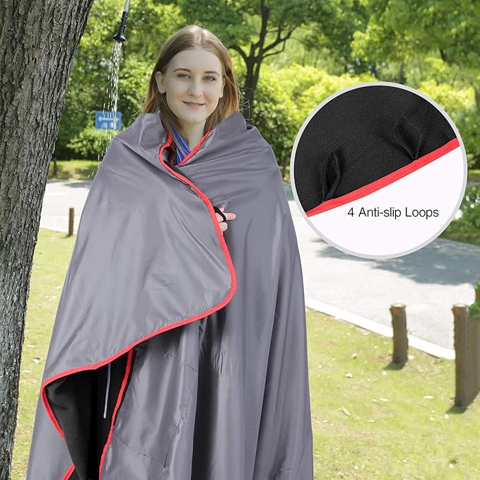 REDCAMP Large Waterproof Stadium Blanket for Cold Weather Soft Warm Fleece Camping Blanket Windproof for Outdoor Sports Blue/Red (Outer Grey/Inner Black)