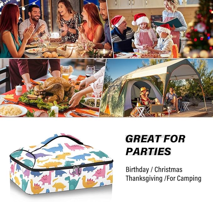 Casserole Carrier Cartoon Pattern DinosaurInsulated Casserole Carrier for Hot or Cold Food Thermal Lunch Tote for Potluck Parties Picnic Beach Fits 9 x 13 Inches Baking Dish