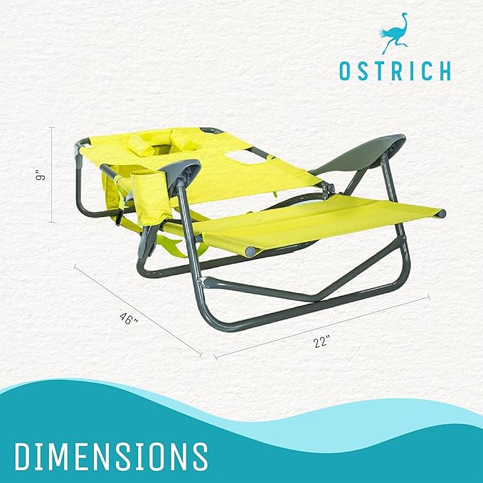 Ostrich the Heavy-Duty Backpacker Portable Beach Chair w/Face Hole Adjustable Lounge Chair w/Face Opening Cup Holder &amp 325lb Capacity Lime Green